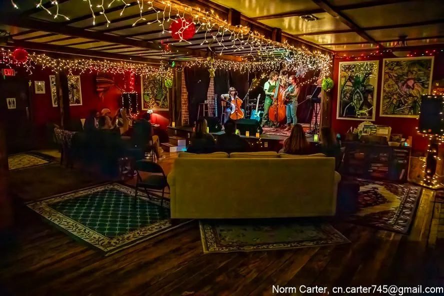 The listening room mid-show: cello, upright bass and fiddle on stage under strings of lights, the audience settled into couches and rugs.